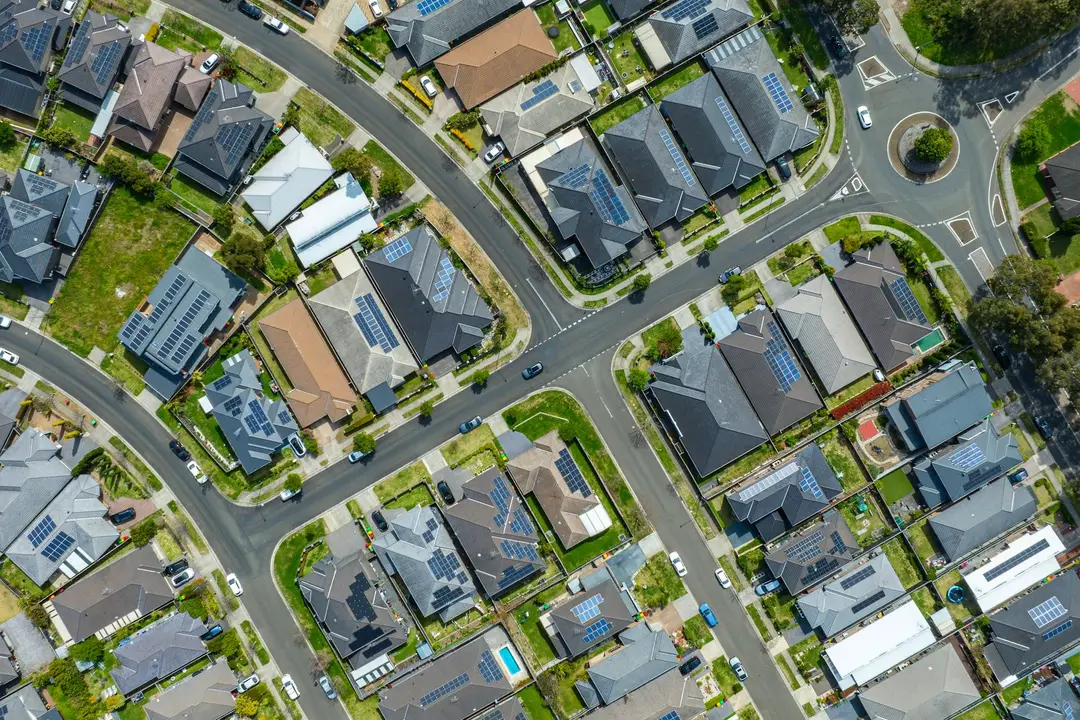 Aerial view of a Western Sydney style suburban street grid