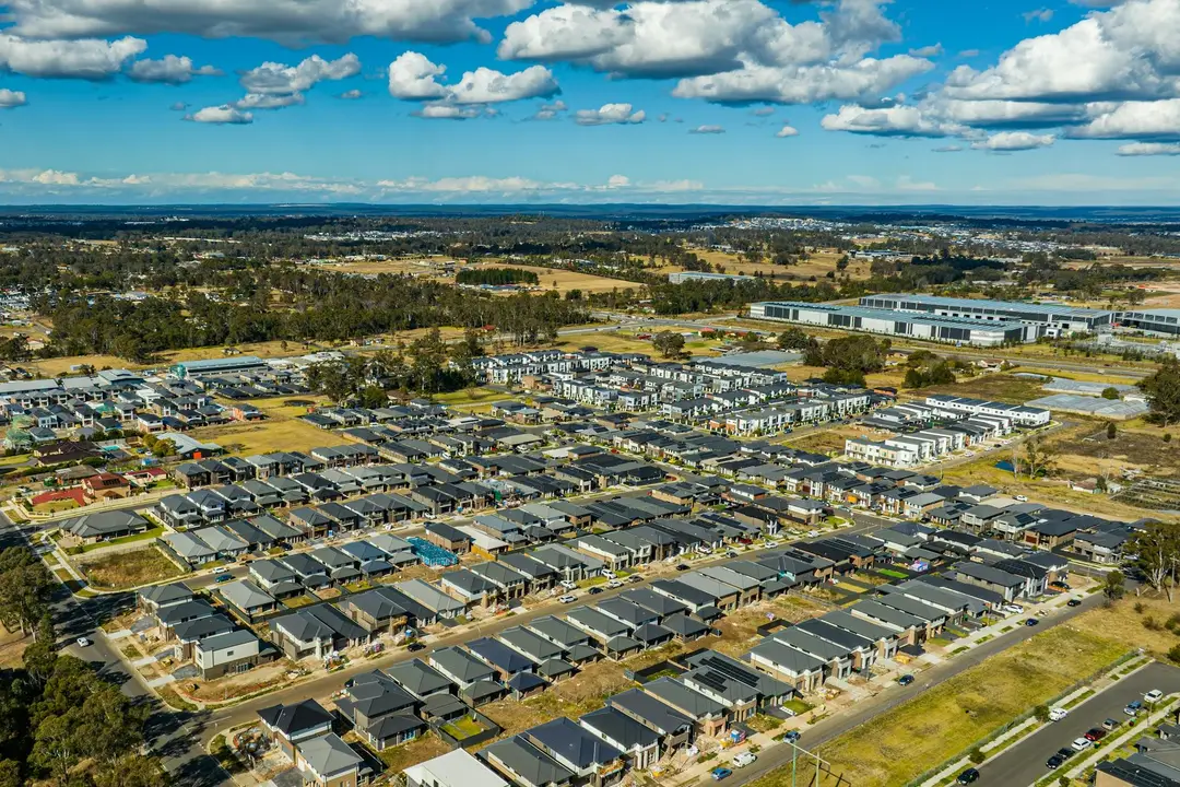 Aerial view of a new housing estate on the edge of Sydney