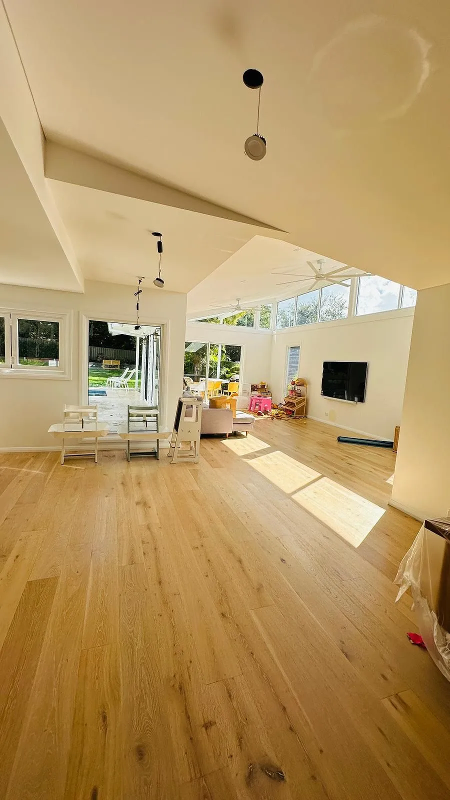 Raked-ceiling living area, finished